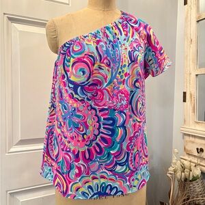 Lilly Pulitzer Colorful One-Shoulder Blouse Medium Unconventional Creative Vacay